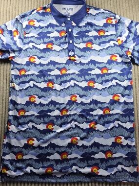 Pins And Aces Golf Polo Shirt Colorado/Mountains Print Men's Large Blue